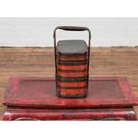 Chinese Red and Black Lacquered Tiered Lunch Box with Handle and Calligraphy