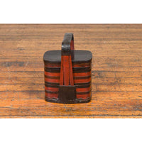 Chinese Red and Black Lacquered Tiered Lunch Box with Handle and Calligraphy