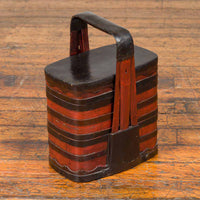 Chinese Red and Black Lacquered Tiered Lunch Box with Handle and Calligraphy