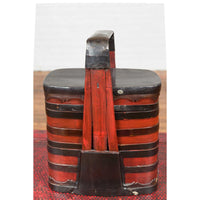 Chinese Red and Black Lacquered Tiered Lunch Box with Handle and Calligraphy