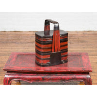 Chinese Red and Black Lacquered Tiered Lunch Box with Handle and Calligraphy