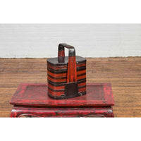 Chinese Red and Black Lacquered Tiered Lunch Box with Handle and Calligraphy