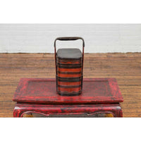 Chinese Red and Black Lacquered Tiered Lunch Box with Handle and Calligraphy