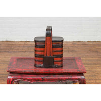 Chinese Red and Black Lacquered Tiered Lunch Box with Handle and Calligraphy