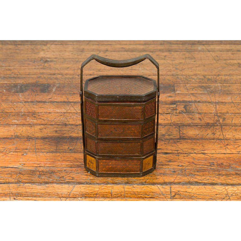 Chinese Antique Stacking Lunch Box with Lacquered Accents and Handle