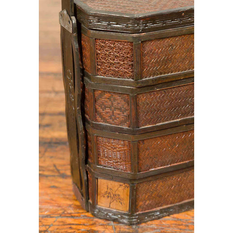 Chinese Antique Stacking Lunch Box with Lacquered Accents and Handle