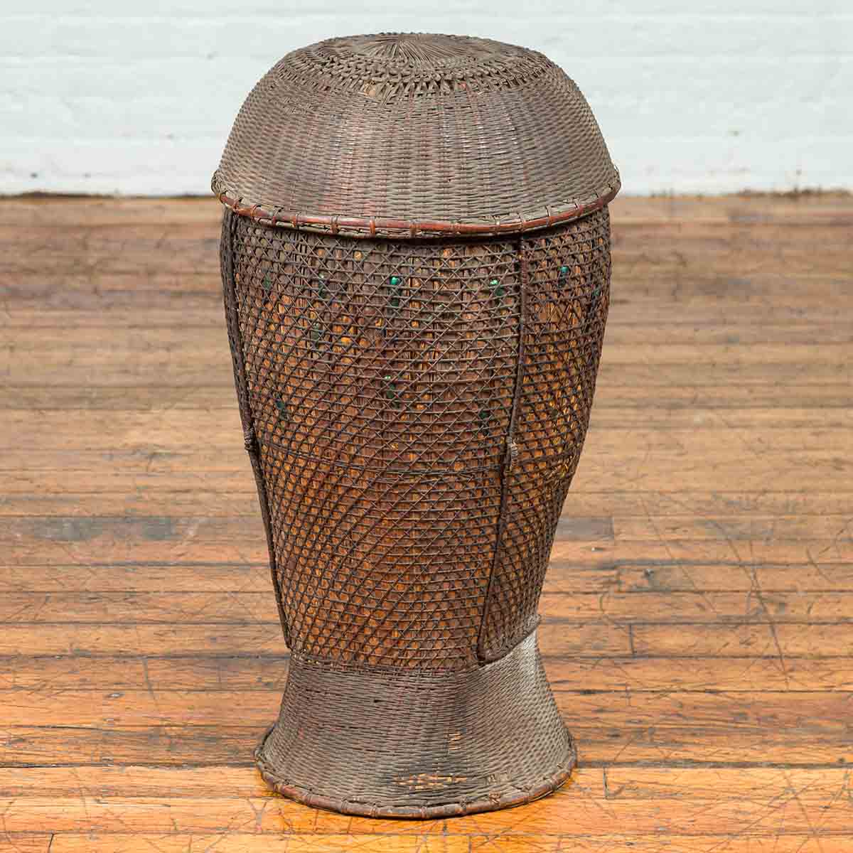 Antique Farmer's Grain Basket with Iridescent Motifs and Weathered Appearance-2. Asian & Chinese Furniture, Art, Antiques, Vintage Home Décor for sale at FEA Home