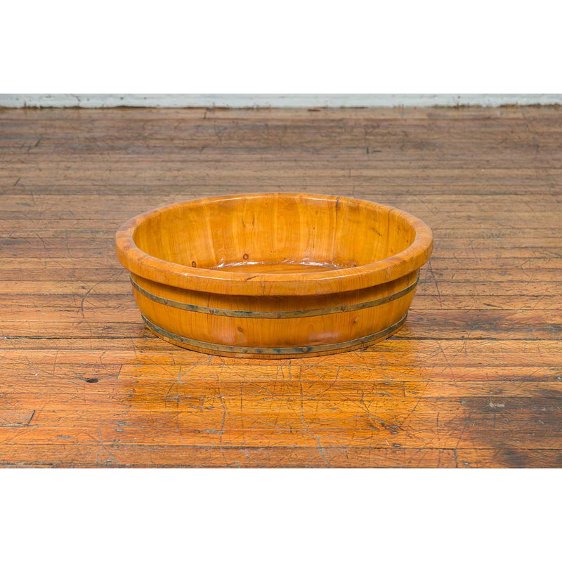 Chinese Qing Dynasty Period 19th Century Elm Round Rice Tray with Brass Braces