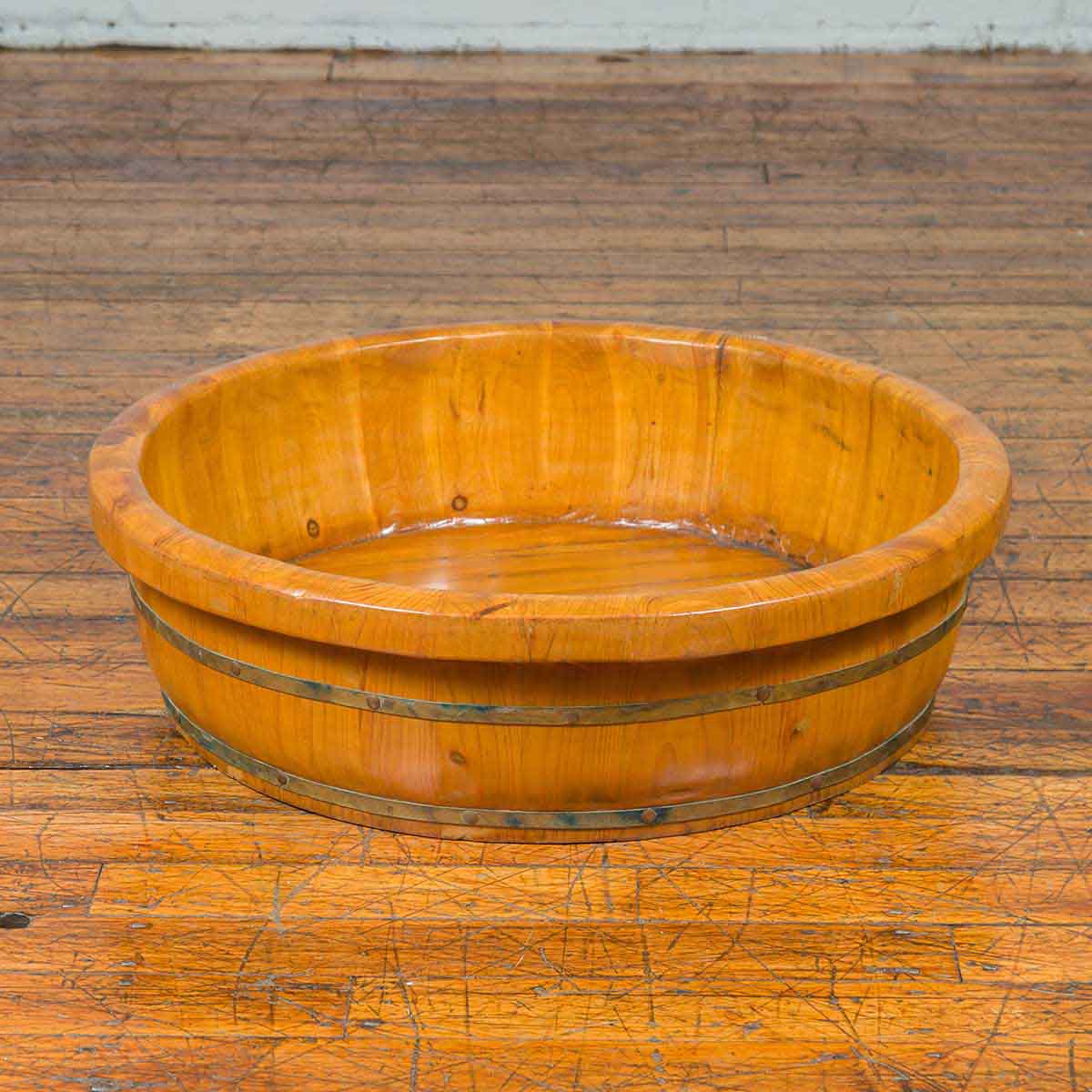 Chinese Qing Dynasty Period 19th Century Elm Round Rice Tray with Brass Braces-2. Asian & Chinese Furniture, Art, Antiques, Vintage Home Décor for sale at FEA Home