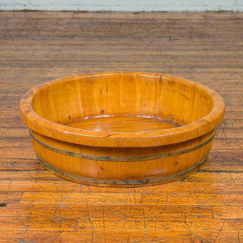 Chinese Qing Dynasty Period 19th Century Elm Round Rice Tray with Brass Braces