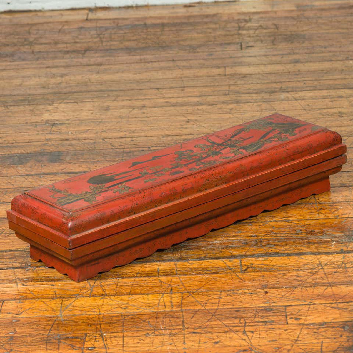 Chinese Qing Dynasty Red Lacquered Scroll Box with Distressed Gold Chinoiserie-2. Asian & Chinese Furniture, Art, Antiques, Vintage Home Décor for sale at FEA Home