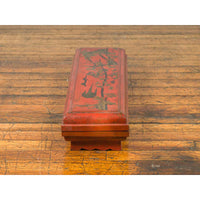 Chinese Qing Dynasty Red Lacquered Scroll Box with Distressed Gold Chinoiserie