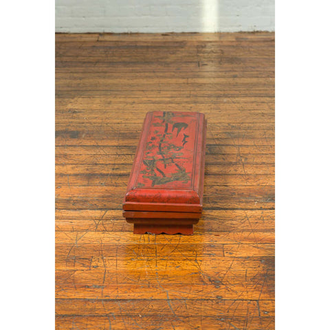 Chinese Qing Dynasty Red Lacquered Scroll Box with Distressed Gold Chinoiserie-YN6753-6. Asian & Chinese Furniture, Art, Antiques, Vintage Home Décor for sale at FEA Home