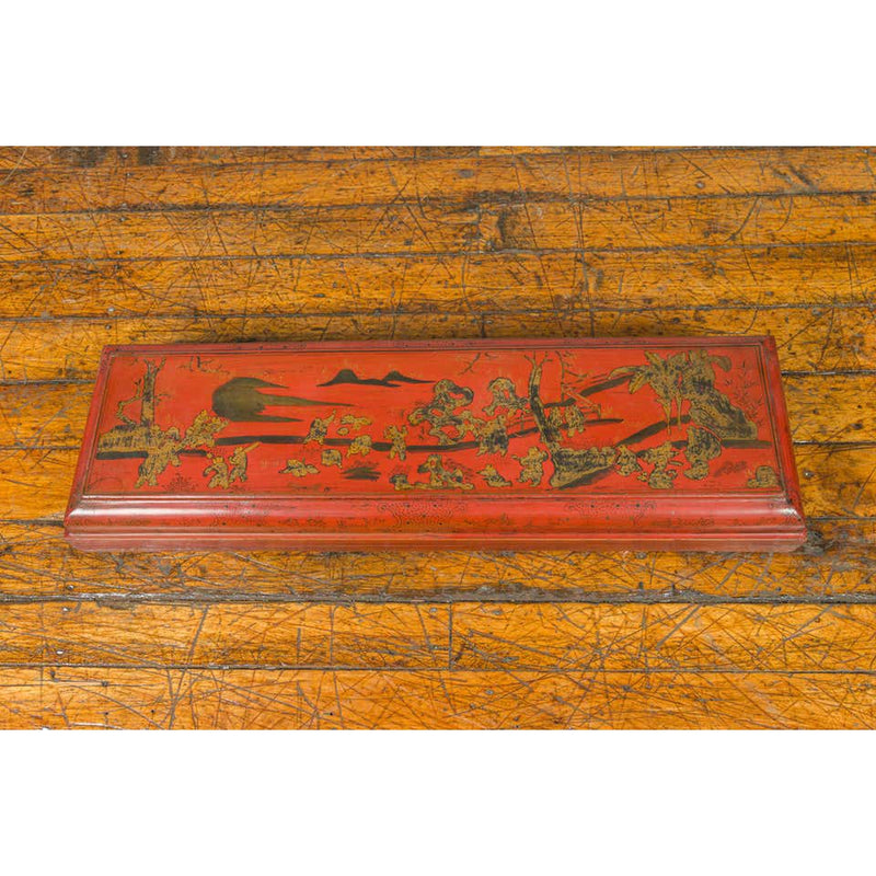 Chinese Qing Dynasty Red Lacquered Scroll Box with Distressed Gold Chinoiserie-YN6753-9. Asian & Chinese Furniture, Art, Antiques, Vintage Home Décor for sale at FEA Home