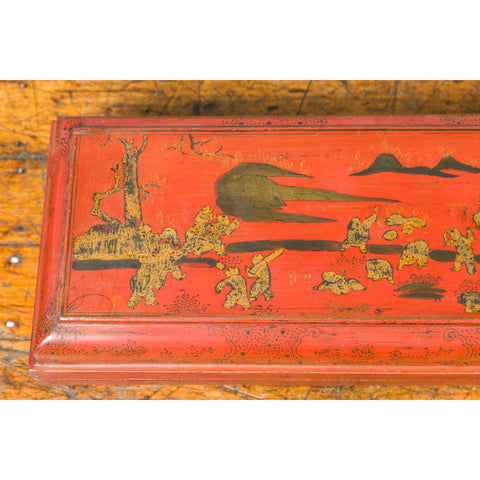 Chinese Qing Dynasty Red Lacquered Scroll Box with Distressed Gold Chinoiserie-YN6753-10. Asian & Chinese Furniture, Art, Antiques, Vintage Home Décor for sale at FEA Home