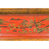 Chinese Qing Dynasty Red Lacquered Scroll Box with Distressed Gold Chinoiserie