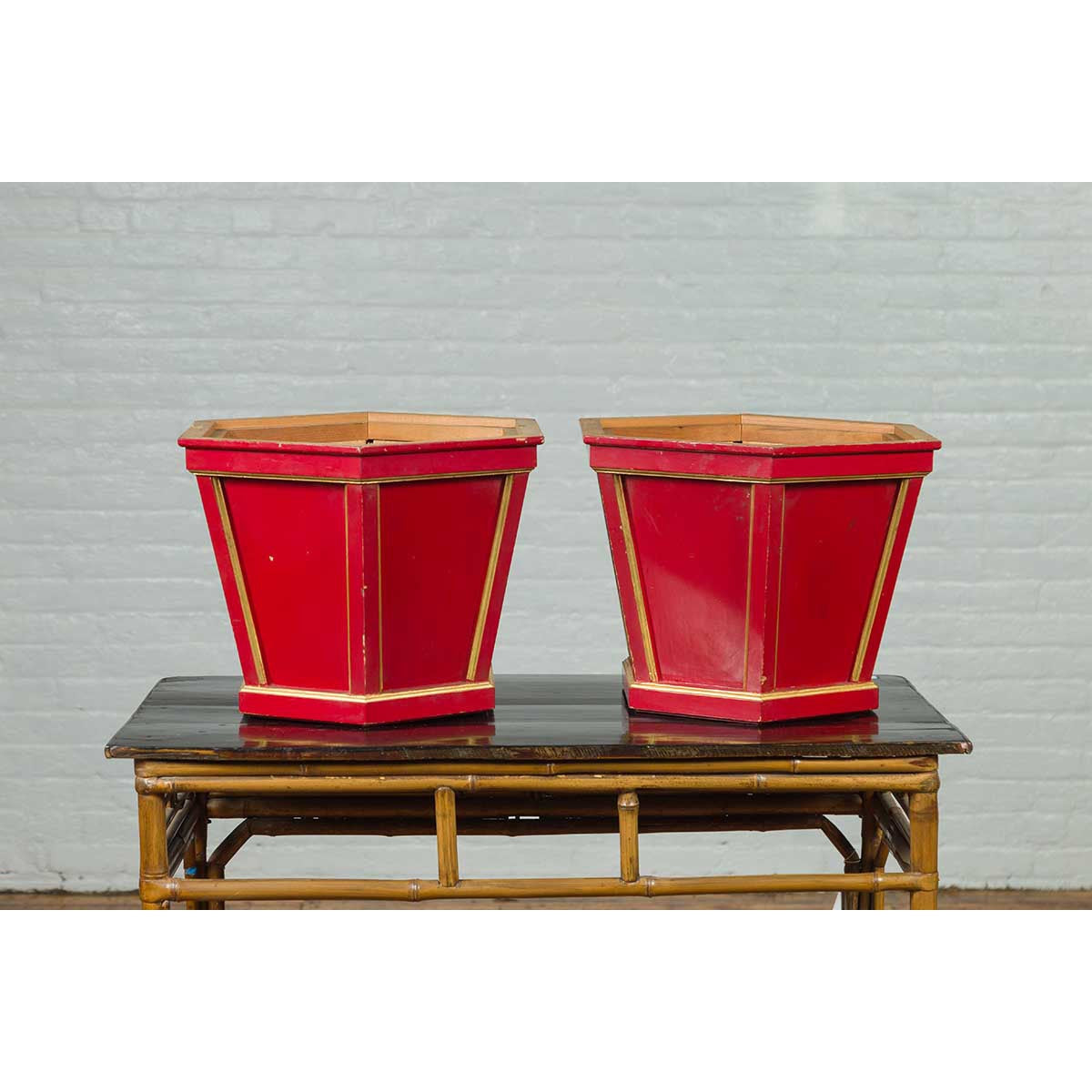 Japanese Taishō Gold and Red Lacquer Hexagonal Planters with Reeded Cartouches-9. Asian &amp; Chinese Furniture, Art, Antiques, Vintage Home Décor for sale at FEA Home