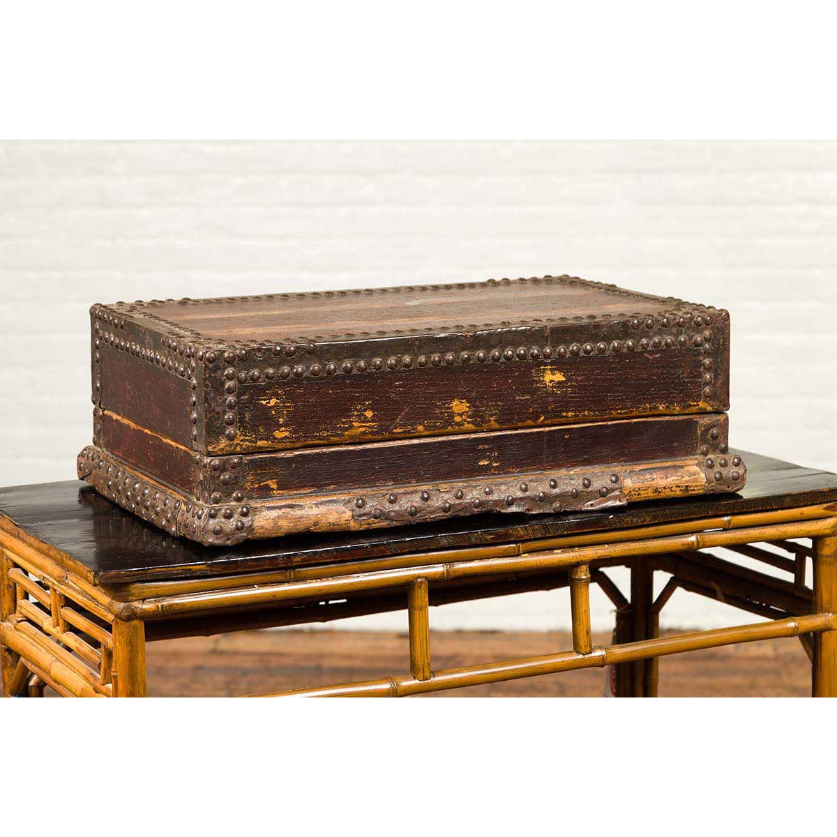 Antique Chinese Wooden Document Box with Distressed Patina and Brass Stud Design-2. Asian & Chinese Furniture, Art, Antiques, Vintage Home Décor for sale at FEA Home