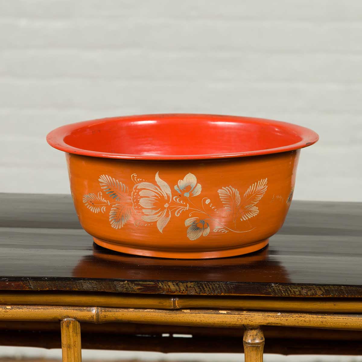 Vintage Burmese Orange and Red Lacquered Papier Mâché Bowl with Floral Design-2. Asian & Chinese Furniture, Art, Antiques, Vintage Home Décor for sale at FEA Home