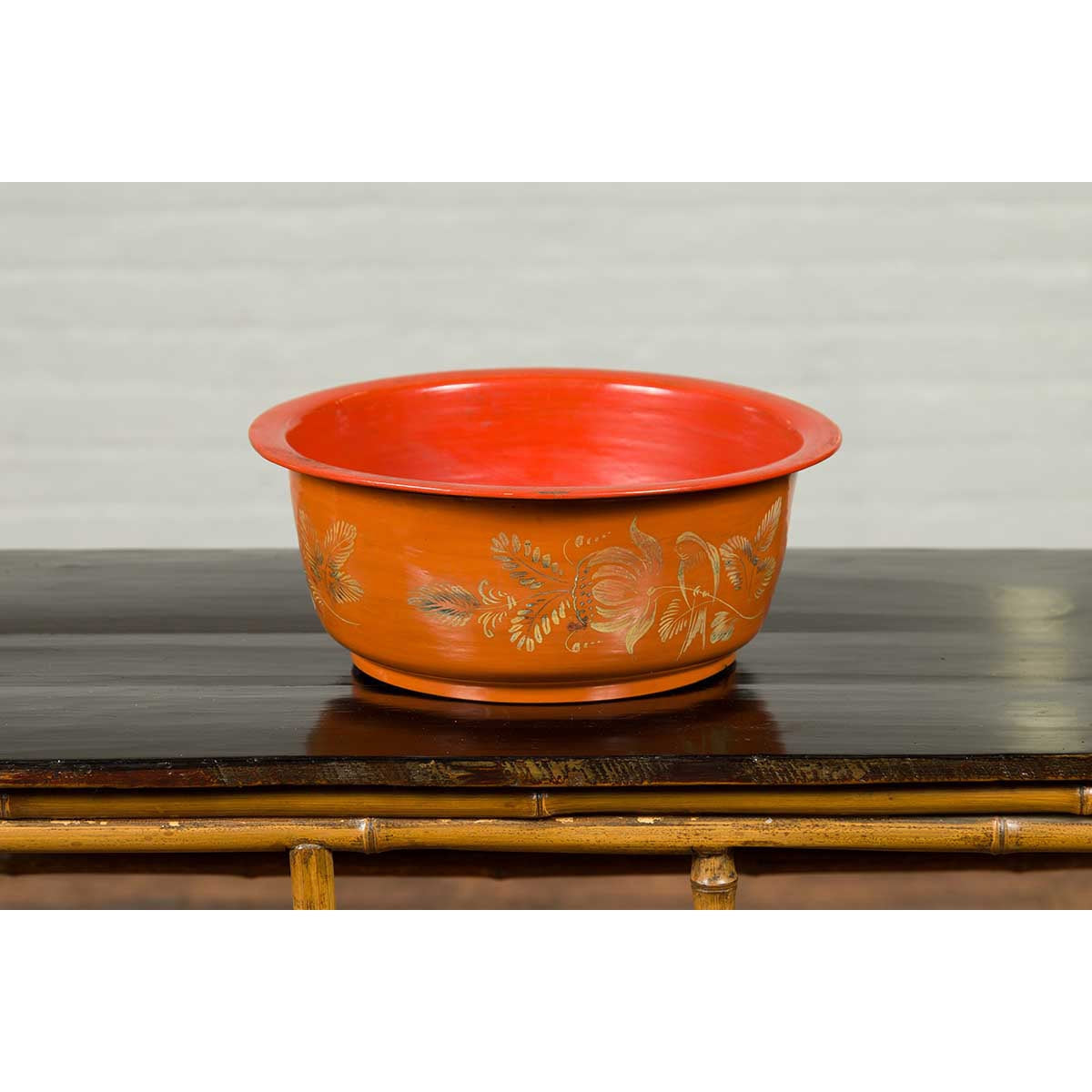 Vintage Burmese Orange and Red Lacquered Papier Mâché Bowl with Floral Design-5. Asian &amp; Chinese Furniture, Art, Antiques, Vintage Home Décor for sale at FEA Home