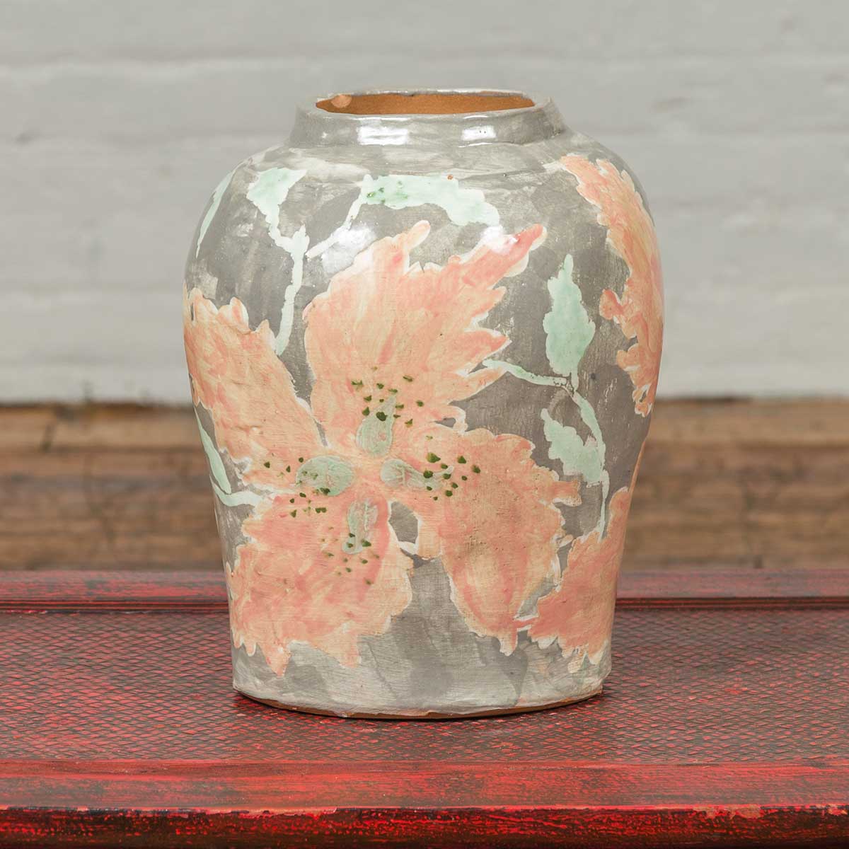 Contemporary American Collection Ceramic Vase with Large Orange Flowers-2. Asian &amp; Chinese Furniture, Art, Antiques, Vintage Home Décor for sale at FEA Home