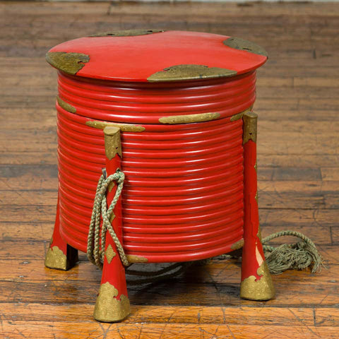 Japanese Taishō Red Lacquered Hokai Box with Brass Accents and Original Rope-YN6771-2. Asian & Chinese Furniture, Art, Antiques, Vintage Home Décor for sale at FEA Home