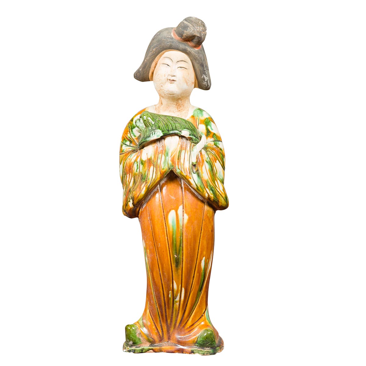 Chinese Court Lady Statue with Egg and Spinach Pattern Kimono and Holding a Dog-1. Asian & Chinese Furniture, Art, Antiques, Vintage Home Décor for sale at FEA Home