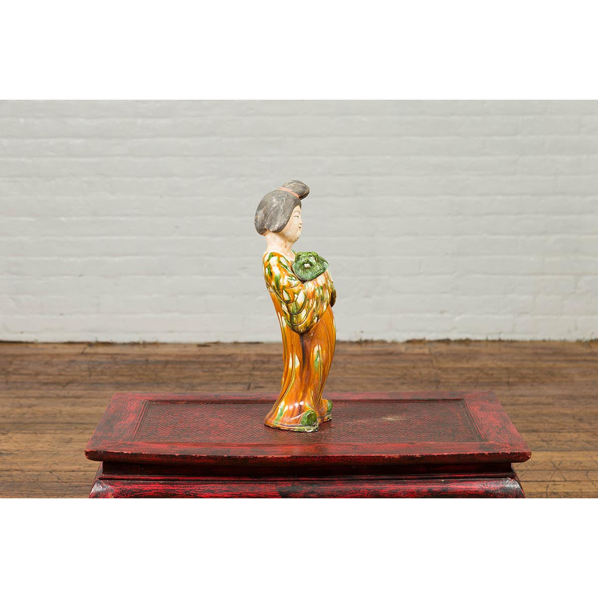 Chinese Court Lady Statue with Egg and Spinach Pattern Kimono and Holding a Dog-6. Asian &amp; Chinese Furniture, Art, Antiques, Vintage Home Décor for sale at FEA Home