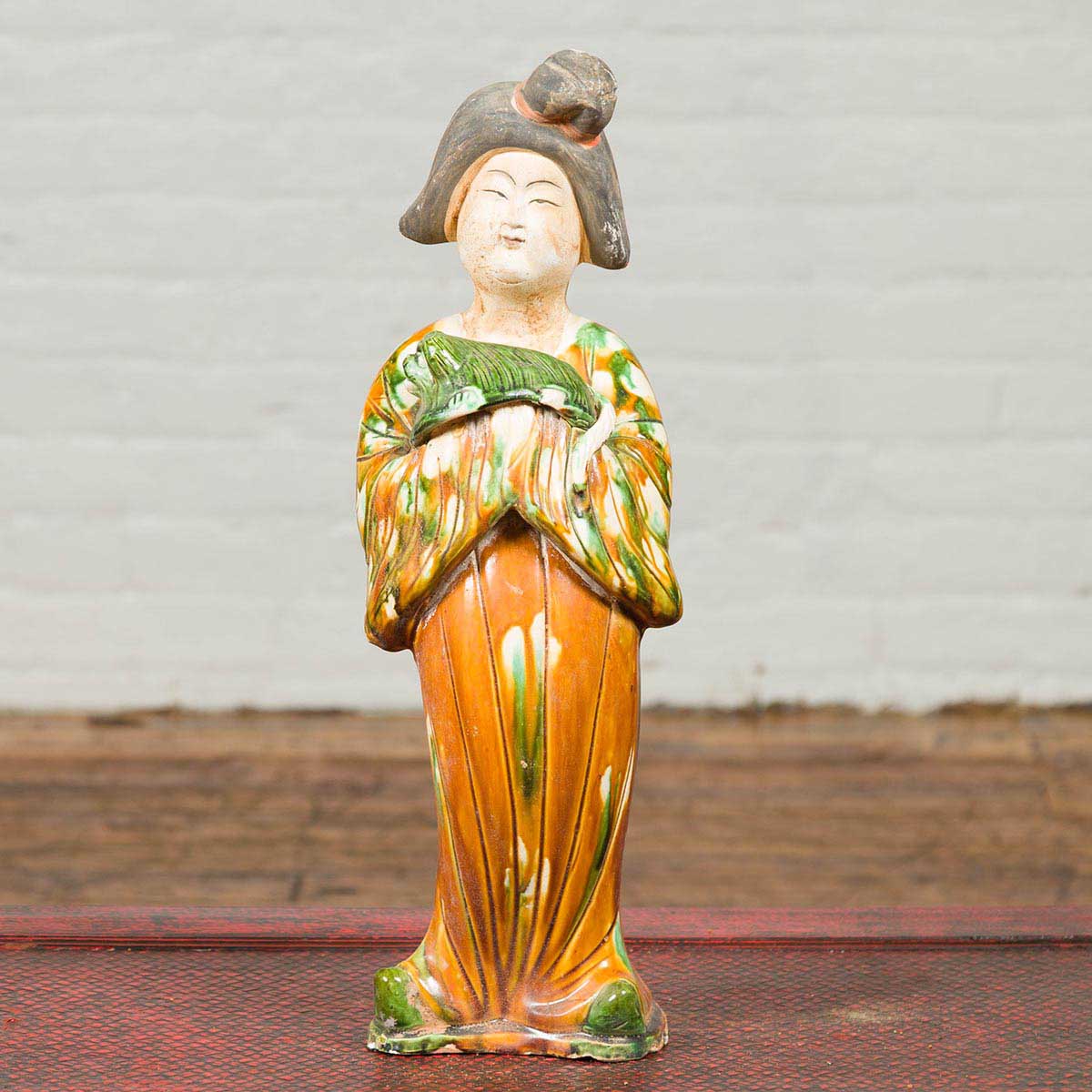 Chinese Court Lady Statue with Egg and Spinach Pattern Kimono and Holding a Dog-2. Asian & Chinese Furniture, Art, Antiques, Vintage Home Décor for sale at FEA Home