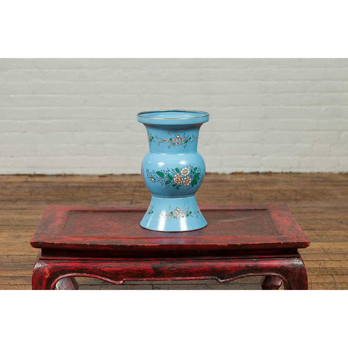Vintage Chinese Hand Painted Blue Metal Vase with Calligraphy and Floral Décor-4. Asian &amp; Chinese Furniture, Art, Antiques, Vintage Home Décor for sale at FEA Home