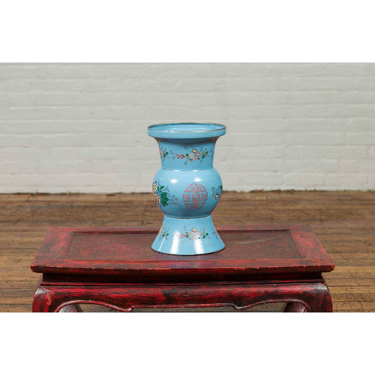 Vintage Chinese Hand Painted Blue Metal Vase with Calligraphy and Floral Décor-9. Asian &amp; Chinese Furniture, Art, Antiques, Vintage Home Décor for sale at FEA Home