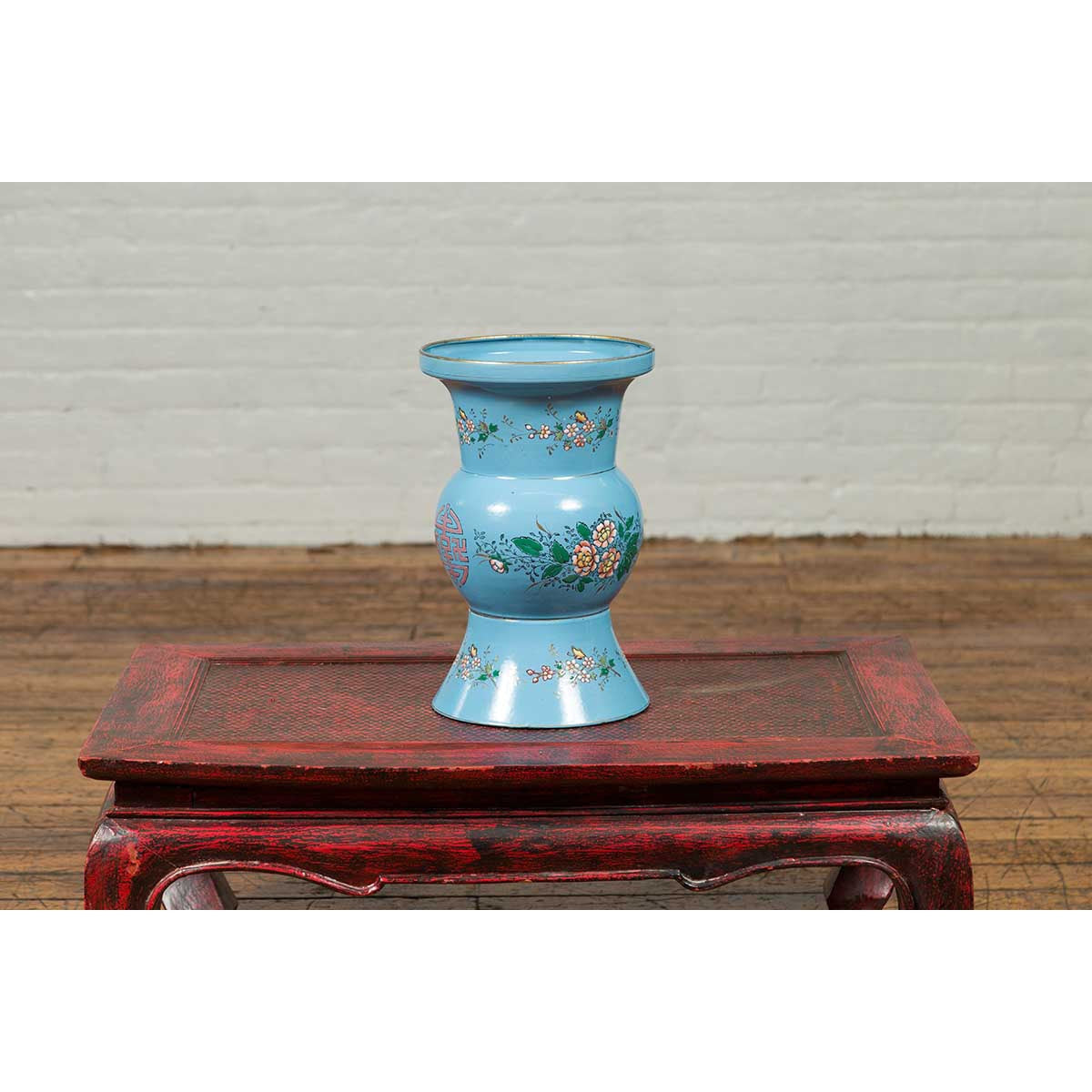 Vintage Chinese Hand Painted Blue Metal Vase with Calligraphy and Floral Décor-3. Asian &amp; Chinese Furniture, Art, Antiques, Vintage Home Décor for sale at FEA Home