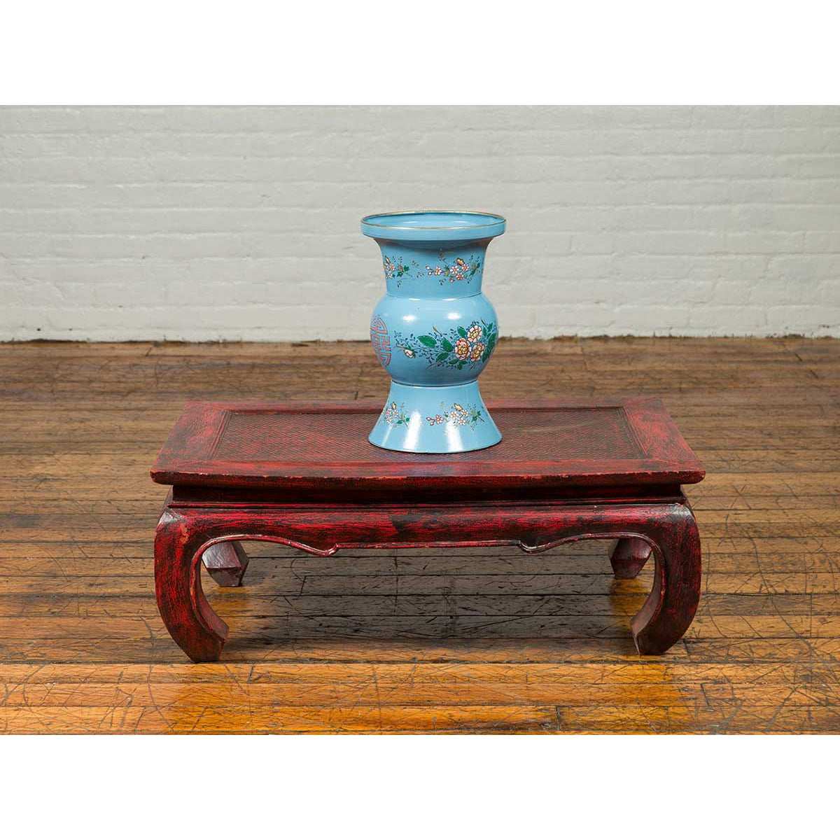 Vintage Chinese Hand Painted Blue Metal Vase with Calligraphy and Floral Décor-10. Asian &amp; Chinese Furniture, Art, Antiques, Vintage Home Décor for sale at FEA Home