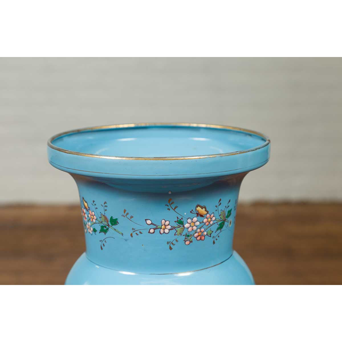 Vintage Chinese Hand Painted Blue Metal Vase with Calligraphy and Floral Décor-6. Asian &amp; Chinese Furniture, Art, Antiques, Vintage Home Décor for sale at FEA Home
