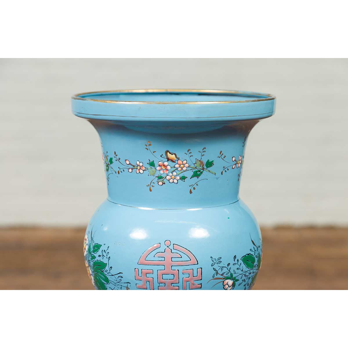 Vintage Chinese Hand Painted Blue Metal Vase with Calligraphy and Floral Décor-5. Asian &amp; Chinese Furniture, Art, Antiques, Vintage Home Décor for sale at FEA Home