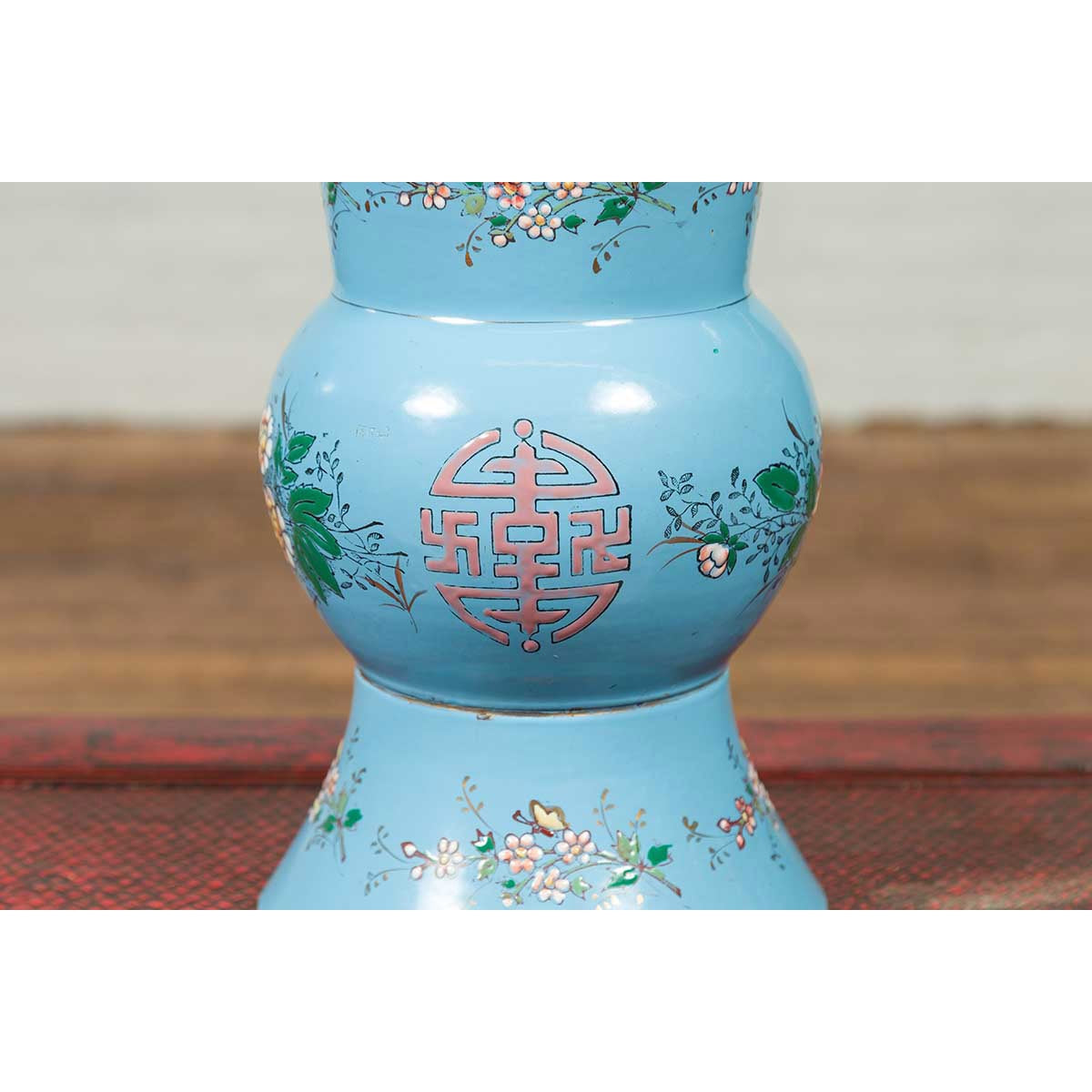 Vintage Chinese Hand Painted Blue Metal Vase with Calligraphy and Floral Décor-7. Asian &amp; Chinese Furniture, Art, Antiques, Vintage Home Décor for sale at FEA Home