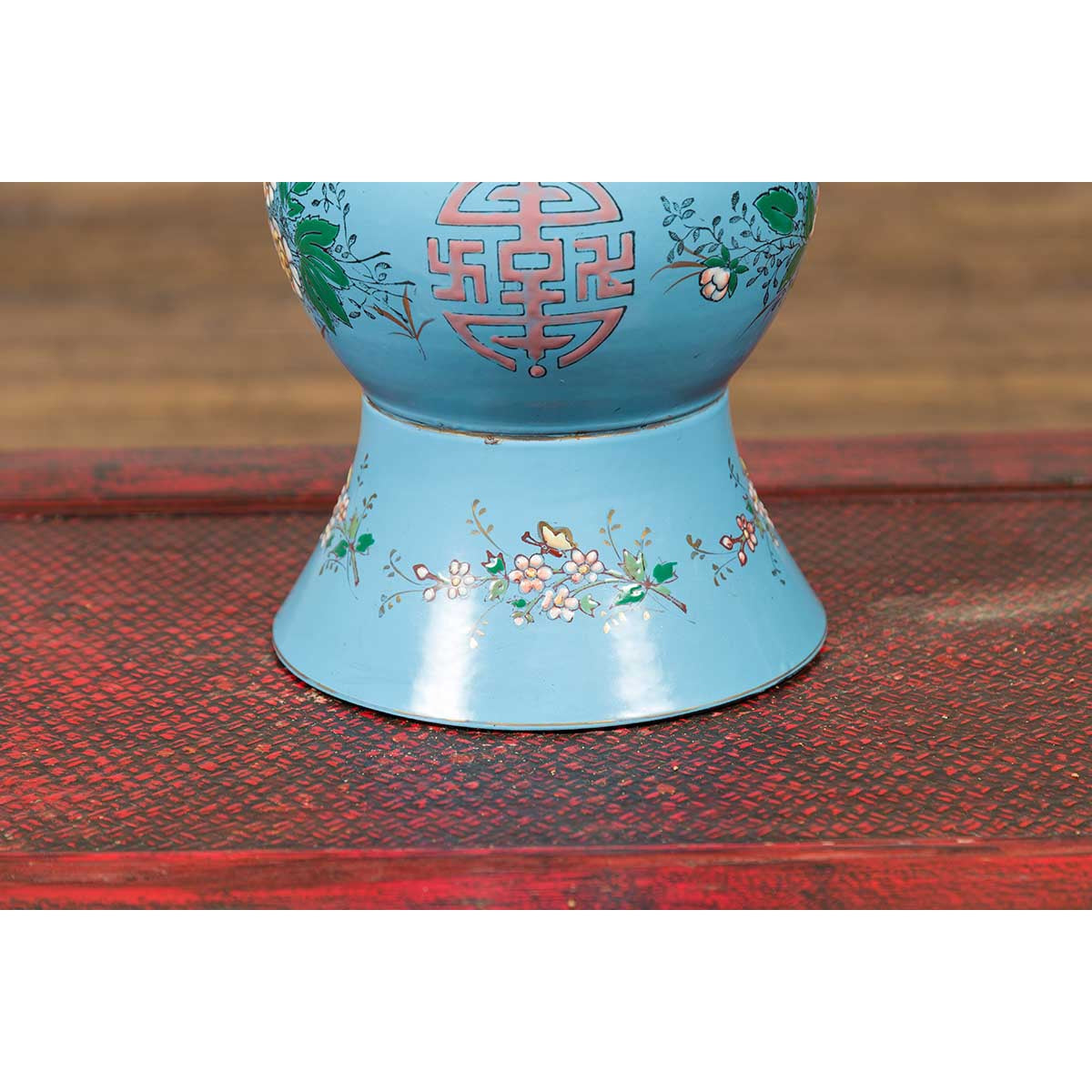 Vintage Chinese Hand Painted Blue Metal Vase with Calligraphy and Floral Décor-8. Asian &amp; Chinese Furniture, Art, Antiques, Vintage Home Décor for sale at FEA Home