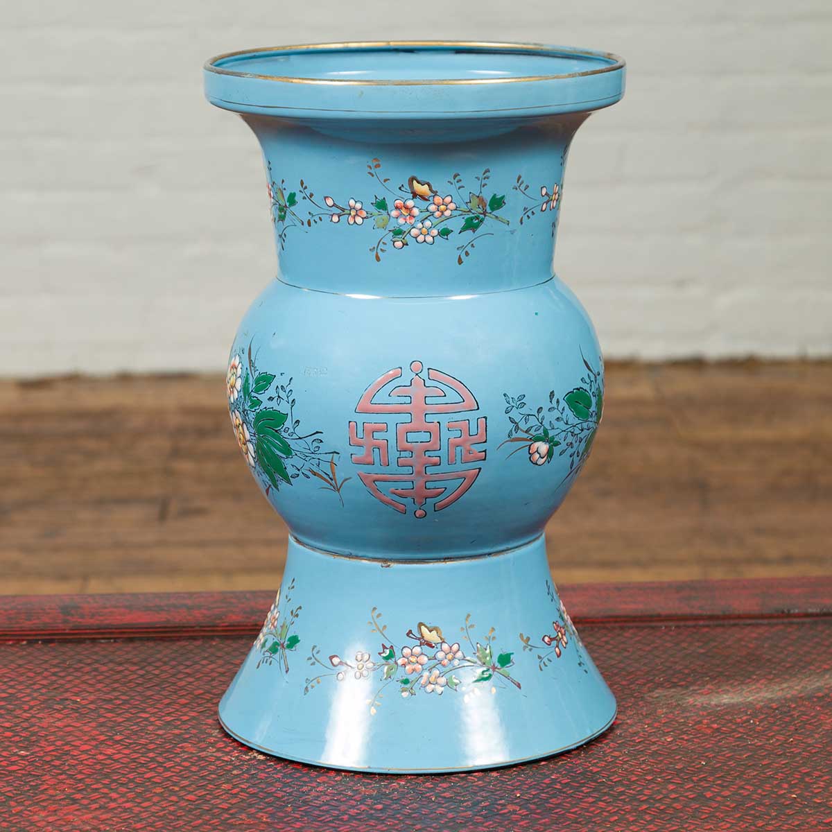 Vintage Chinese Hand Painted Blue Metal Vase with Calligraphy and Floral Décor-2. Asian & Chinese Furniture, Art, Antiques, Vintage Home Décor for sale at FEA Home