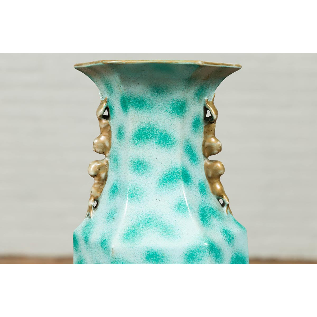Vintage Chinese Turquoise Vase with Spotted Design and Hexagonal Neck-7. Asian &amp; Chinese Furniture, Art, Antiques, Vintage Home Décor for sale at FEA Home