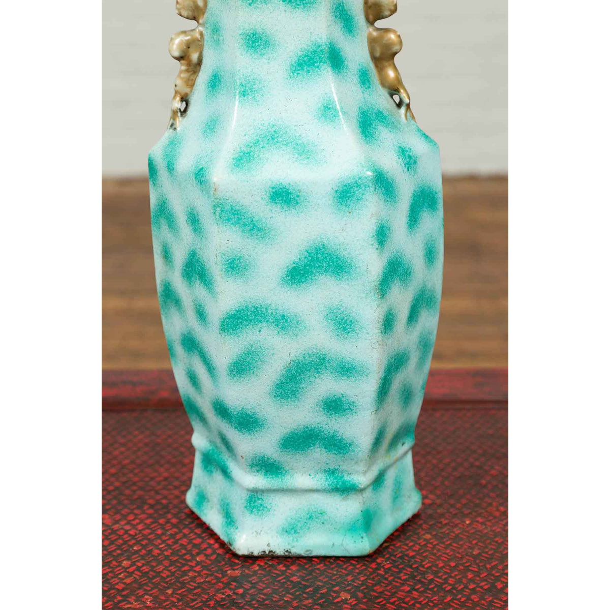 Vintage Chinese Turquoise Vase with Spotted Design and Hexagonal Neck-9. Asian &amp; Chinese Furniture, Art, Antiques, Vintage Home Décor for sale at FEA Home