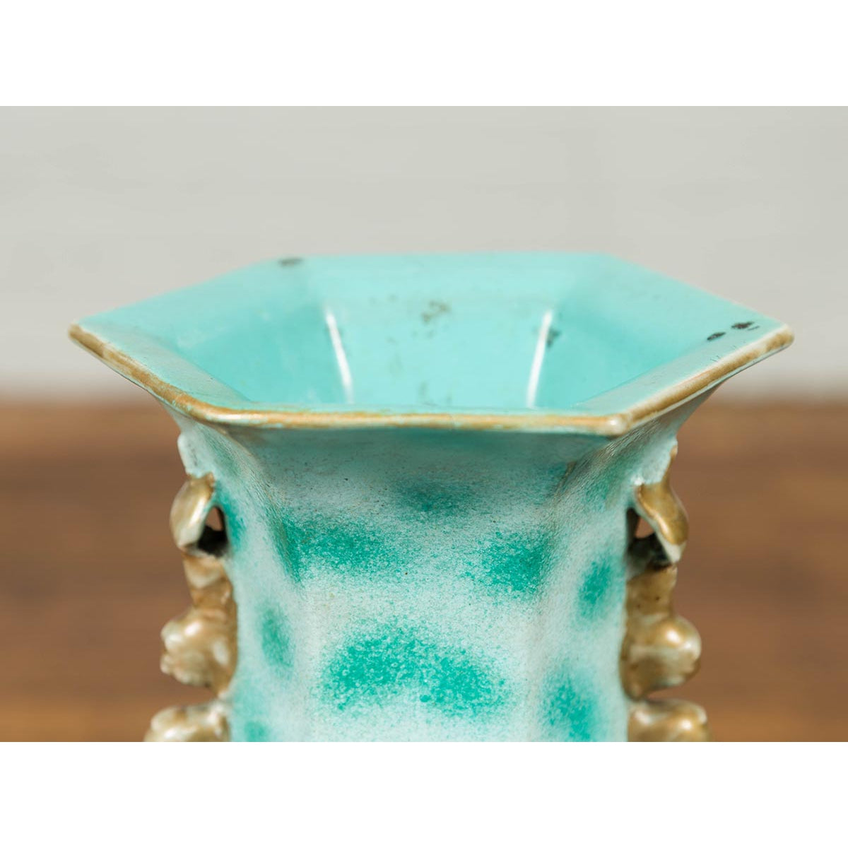 Vintage Chinese Turquoise Vase with Spotted Design and Hexagonal Neck-8. Asian &amp; Chinese Furniture, Art, Antiques, Vintage Home Décor for sale at FEA Home