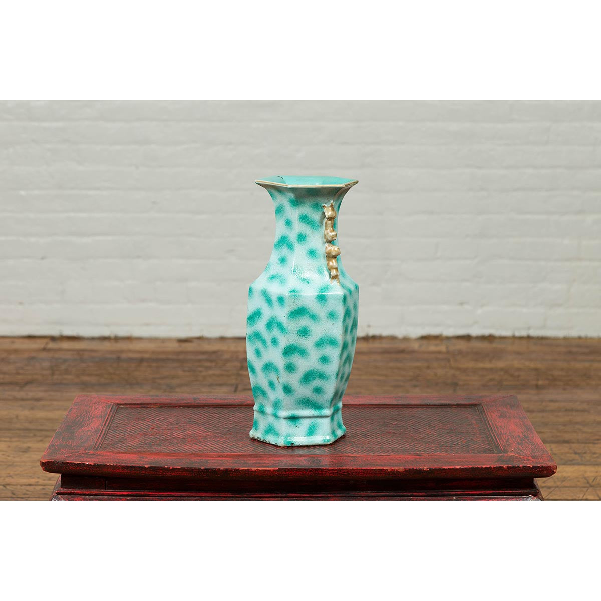 Vintage Chinese Turquoise Vase with Spotted Design and Hexagonal Neck-6. Asian &amp; Chinese Furniture, Art, Antiques, Vintage Home Décor for sale at FEA Home