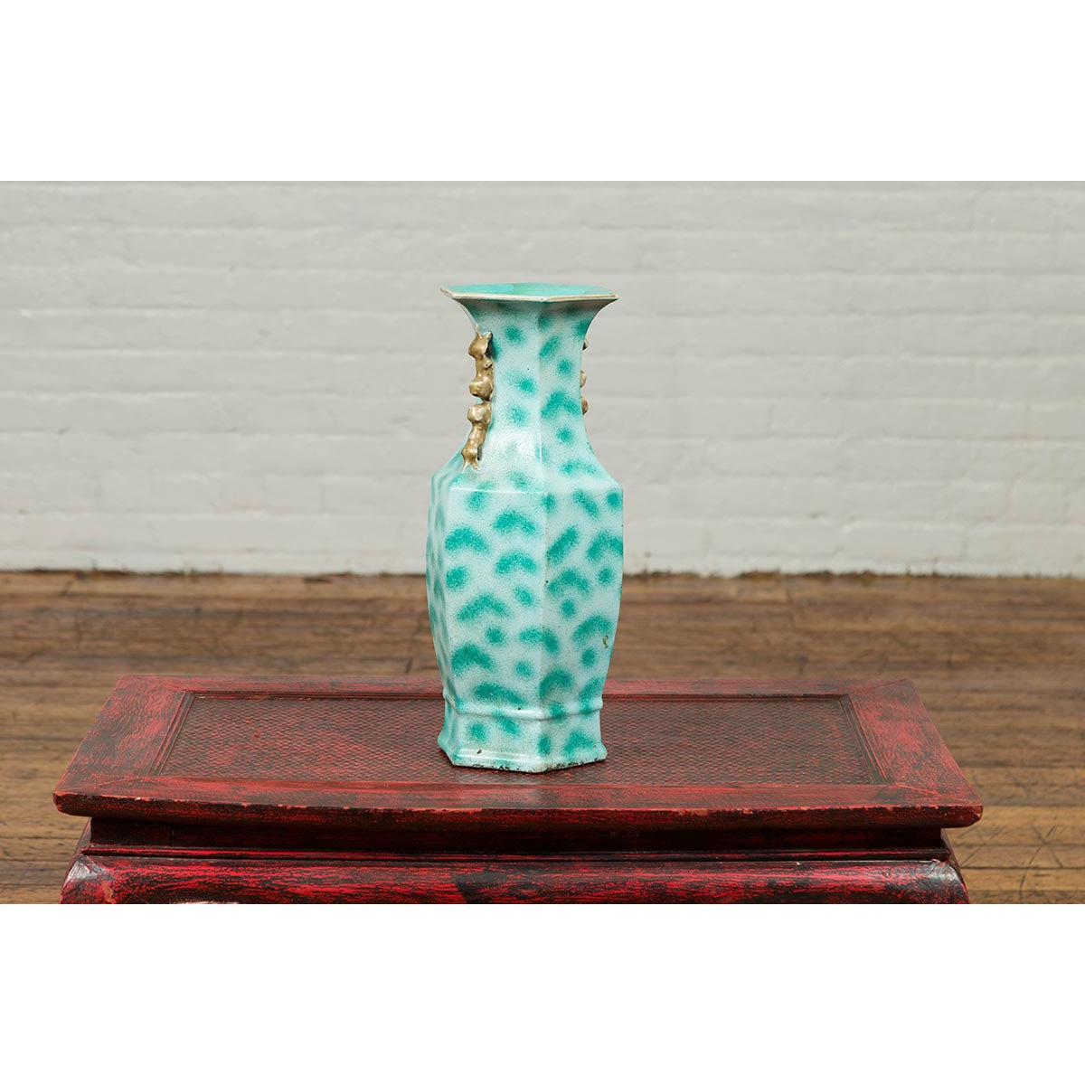 Vintage Chinese Turquoise Vase with Spotted Design and Hexagonal Neck-4. Asian &amp; Chinese Furniture, Art, Antiques, Vintage Home Décor for sale at FEA Home