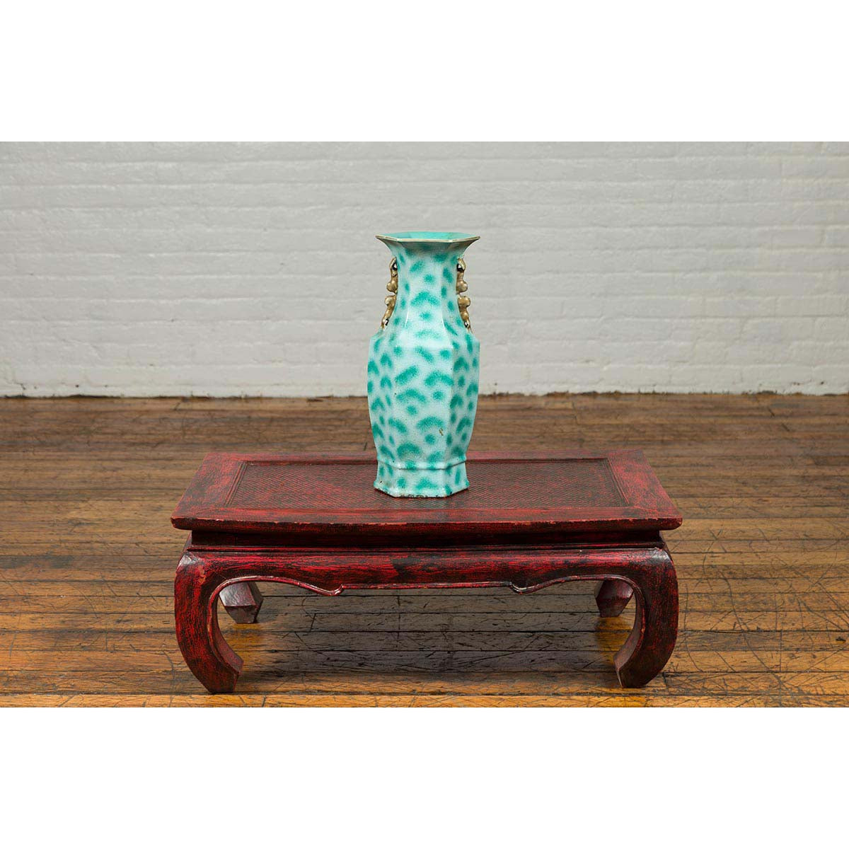 Vintage Chinese Turquoise Vase with Spotted Design and Hexagonal Neck-3. Asian &amp; Chinese Furniture, Art, Antiques, Vintage Home Décor for sale at FEA Home