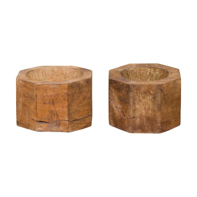 Antique Indonesian Rustic Octagonal Wooden Planters Made from Tree Trunks- Asian Antiques, Vintage Home Decor & Chinese Furniture - FEA Home