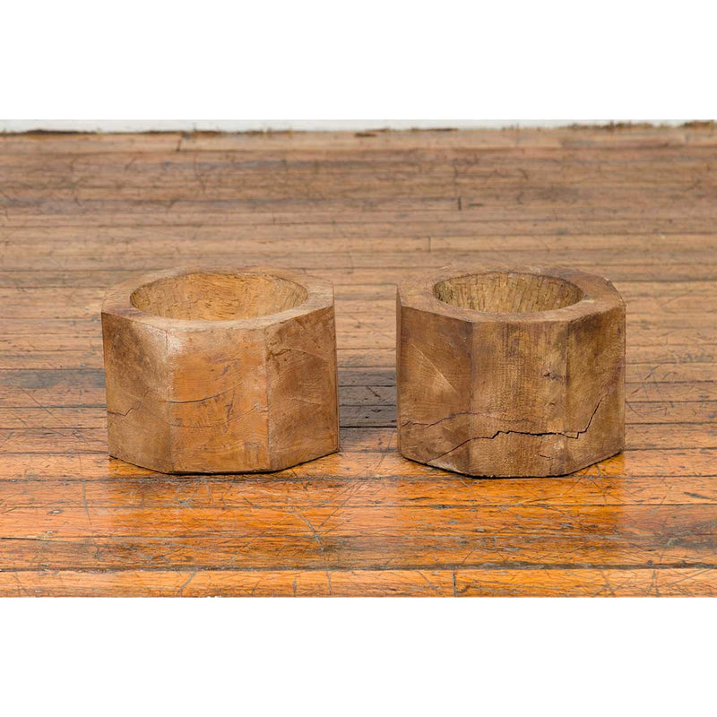 Antique Indonesian Rustic Octagonal Wooden Planters Made from Tree Trunks