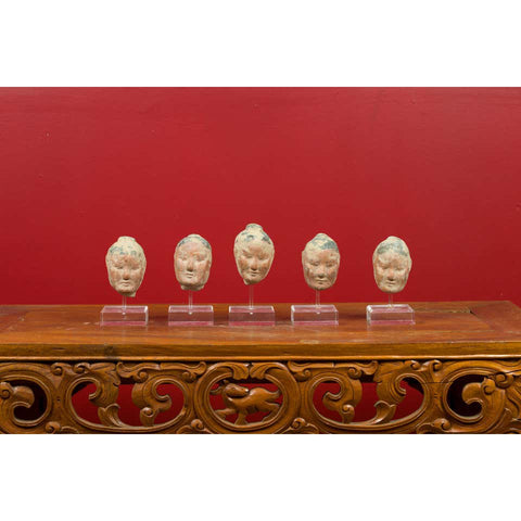 Set of Five Chinese Han Dynasty Terracotta Heads with Original Paint on Lucite-YN6793-16. Asian & Chinese Furniture, Art, Antiques, Vintage Home Décor for sale at FEA Home
