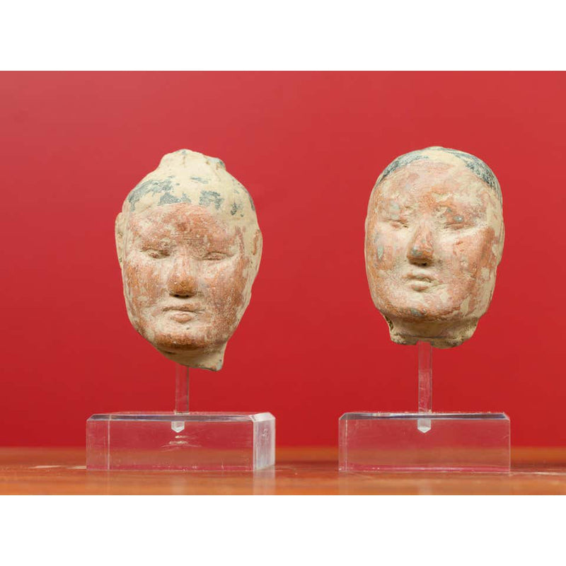 Set of Five Chinese Han Dynasty Terracotta Heads with Original Paint on Lucite-YN6793-11. Asian & Chinese Furniture, Art, Antiques, Vintage Home Décor for sale at FEA Home