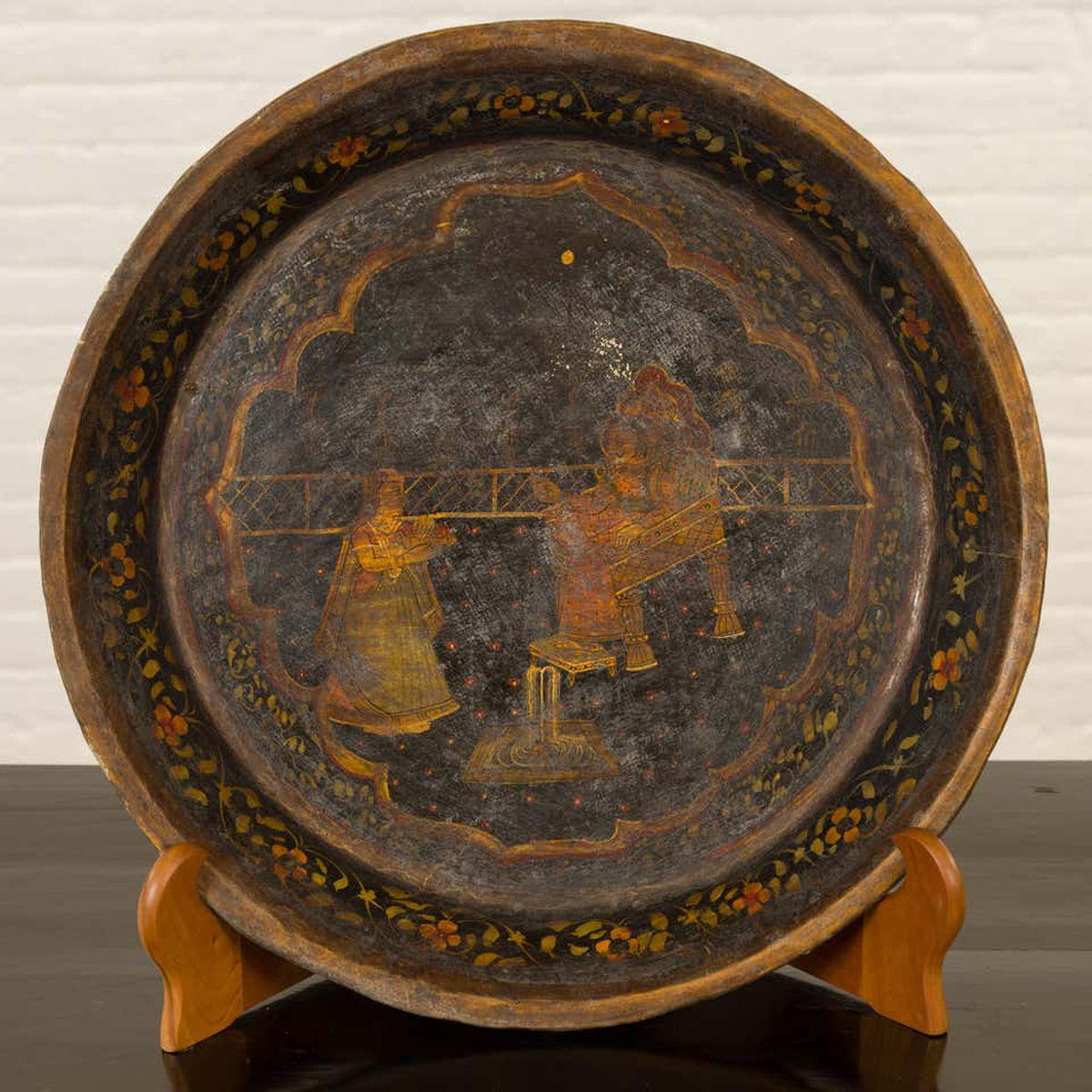 Antique Indian Market Tray with Mughal Inspired Hand Painted Décor-2. Asian & Chinese Furniture, Art, Antiques, Vintage Home Décor for sale at FEA Home