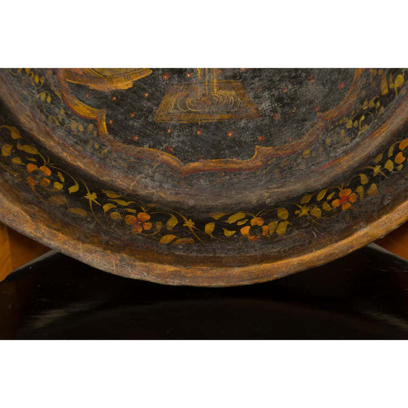 Antique Indian Market Tray with Mughal Inspired Hand Painted Décor-YN6794-6. Asian & Chinese Furniture, Art, Antiques, Vintage Home Décor for sale at FEA Home